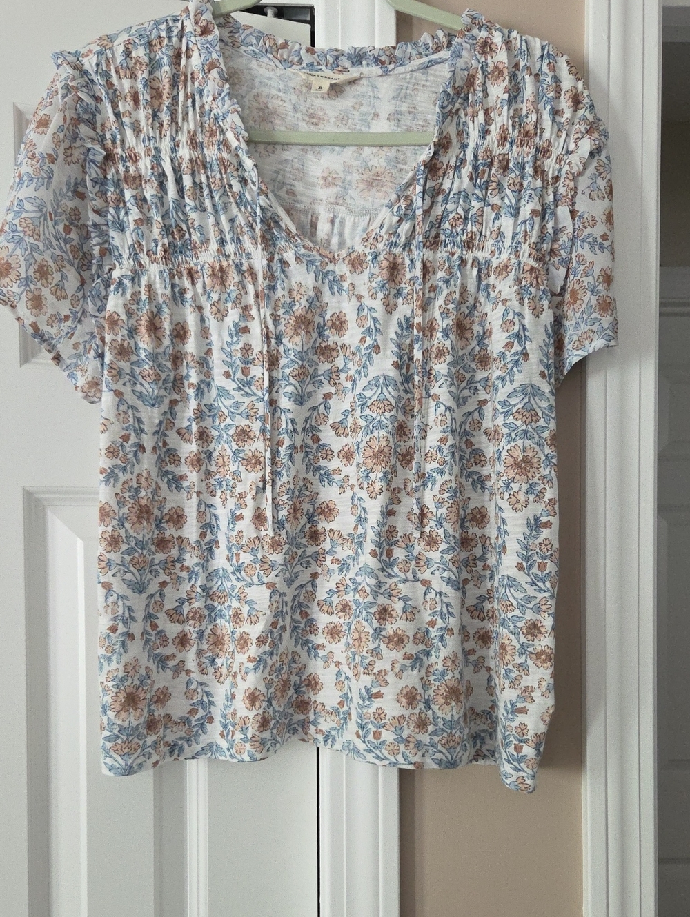 Lucky Brand White Floral Pintuck Blouse with Blue & Brown Accents